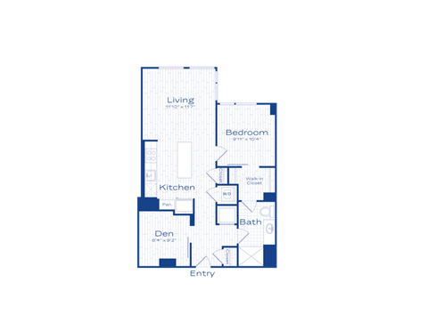 A floor plan of a living space with a kitchen, bathroom, and bedroom.