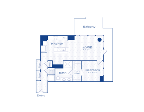 A blue and white floor plan of a house with a balcony, kitchen, bath, and bedroom.