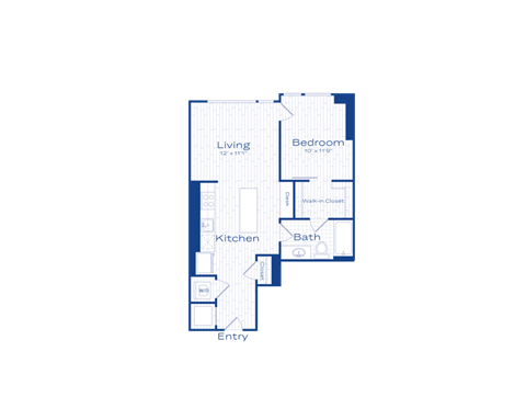 A floor plan of a house with labeled rooms including a living room, bedroom, kitchen, bath, and entry.