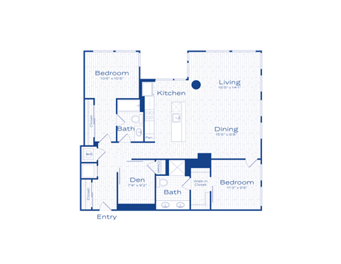 A blue and white floor plan of a house with labeled rooms.