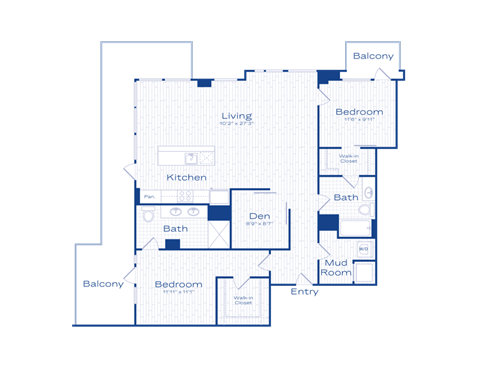 A blue and white floor plan of a house with labeled rooms.