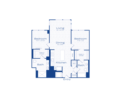 A blue and white floor plan of a house with labeled rooms.
