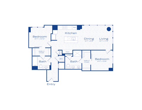 A floor plan of a house with two bedrooms, a kitchen, a dining room, a living room, two bathrooms, and an entry point.