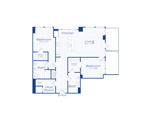 A blue and white floor plan of an apartment with two bedrooms, a living area, kitchen, bath, and mud room.