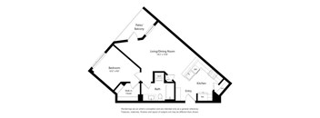 A black and white drawing of a house layout with a living room, kitchen, bath, bedroom and walk-in closet.