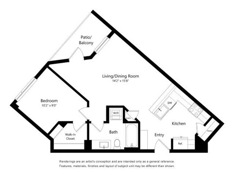 A black and white drawing of a house layout with a living room, kitchen, bath, bedroom and walk-in closet.