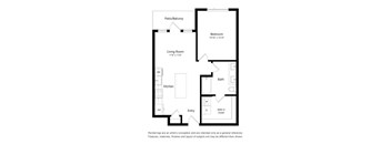 A floor plan of a home with a living room, kitchen, bathroom, bedroom, and entry.