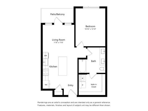 A floor plan of a home with a living room, kitchen, bathroom, bedroom, and entry.