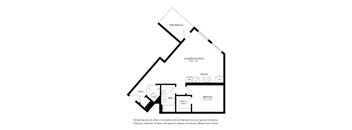 A floor plan of a house with a living/dining room, kitchen, bathroom, and bedroom.