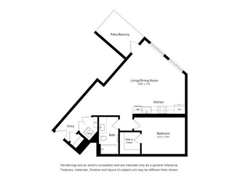 A floor plan of a house with a living/dining room, kitchen, bathroom, and bedroom.