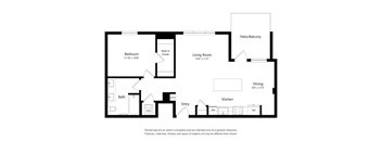 A floor plan of a house with a bedroom, living room, kitchen, dining room, and bathroom.