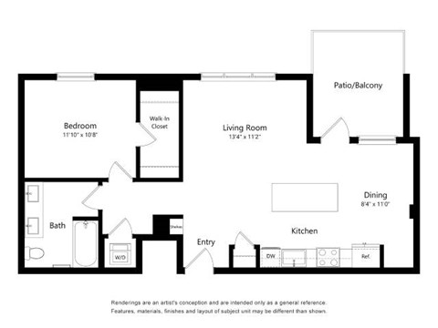 A floor plan of a house with a bedroom, living room, kitchen, dining room, and bathroom.