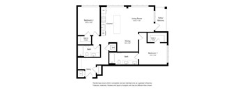 A black and white floor plan of a house with two bedrooms, a living room, a kitchen, a dining room, a bathroom, and an entry way.