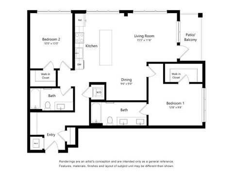 A black and white floor plan of a house with two bedrooms, a living room, a kitchen, a dining room, a bathroom, and an entry way.