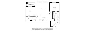 A floor plan of a house with two bedrooms, a living room, a kitchen, a bath, and a walk-in closet.