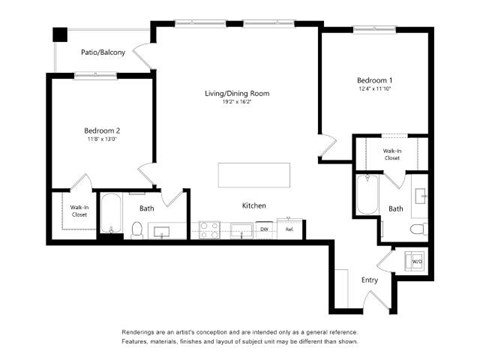 A floor plan of a house with two bedrooms, a living room, a kitchen, a bath, and a walk-in closet.
