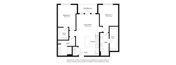 A floor plan of a house with two bedrooms, a living room, a kitchen, two bathrooms, and a patio/balcony.