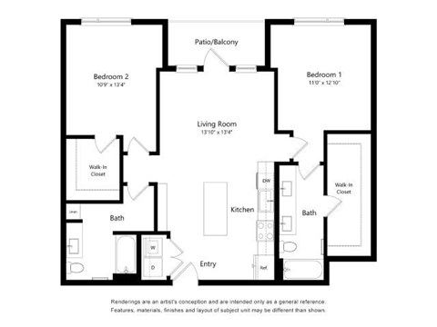A floor plan of a house with two bedrooms, a living room, a kitchen, two bathrooms, and a patio/balcony.