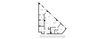 A black and white diagram of a house layout with two bedrooms, a living room, a dining area, a kitchen, a bathroom, and an entry point.