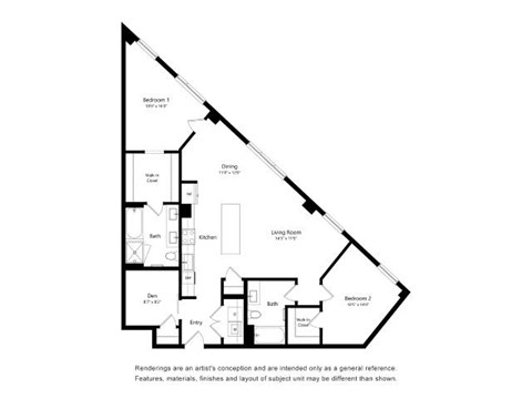 A black and white diagram of a house layout with two bedrooms, a living room, a dining area, a kitchen, a bathroom, and an entry point.