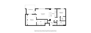 A floor plan of a home with a living room, kitchen, two bathrooms, and two bedrooms.