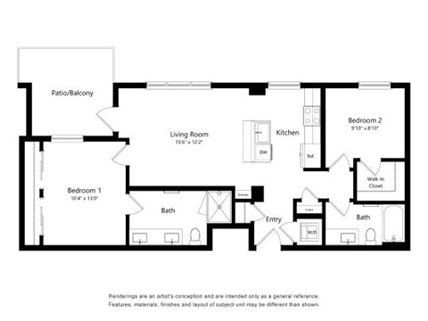 A floor plan of a home with a living room, kitchen, two bathrooms, and two bedrooms.