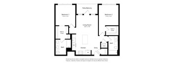 A black and white floor plan of a house with two bedrooms, a living room, a kitchen, a bath, and a patio/balcony.