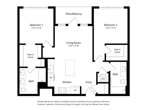 A black and white floor plan of a house with two bedrooms, a living room, a kitchen, a bath, and a patio/balcony.