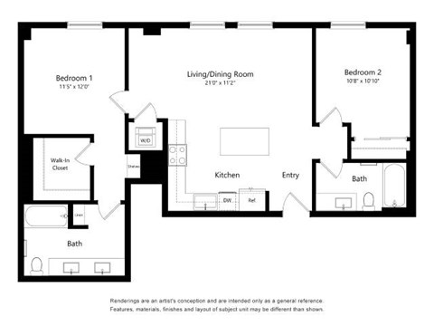 A black and white floor plan of a two bedroom apartment.