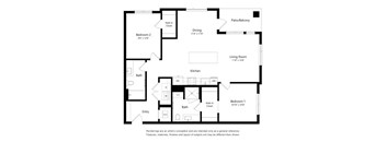 A black and white floor plan of a house with two bedrooms, a living room, a dining room, a kitchen, a bathroom, and an entry.