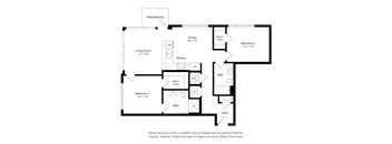 A floor plan of a home with a living room, two bedrooms, a kitchen, a bath, and a dining area.