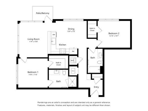 A floor plan of a home with a living room, two bedrooms, a kitchen, a bath, and a dining area.