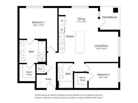 A black and white floor plan of a two bedroom apartment.