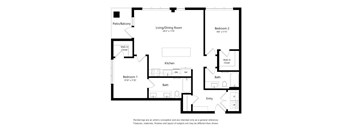 A black and white floor plan of a house with a living room, two bedrooms, a kitchen, a bath, and a patio/balcony.