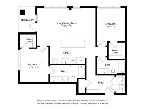 A black and white floor plan of a house with a living room, two bedrooms, a kitchen, a bath, and a patio/balcony.