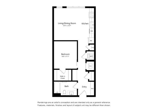 A floor plan of a small apartment with a living/dining room, kitchen, bedroom, bathroom, and entry.
