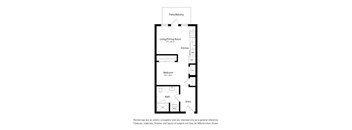 A floor plan of a home with a living/dining room, kitchen, bedroom, bath, and entry.