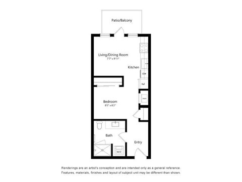 A floor plan of a home with a living/dining room, kitchen, bedroom, bath, and entry.