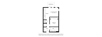 A floor plan of a small apartment with a living/dining room, kitchen, bathroom, bedroom and entry.