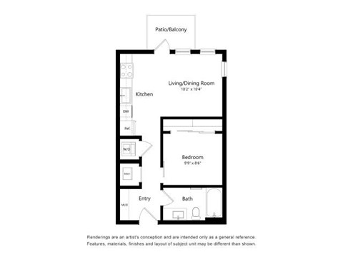 A floor plan of a small apartment with a living/dining room, kitchen, bathroom, bedroom and entry.