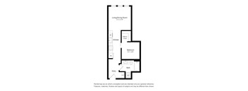 A floor plan of a small apartment with a kitchen, bathroom, and bedroom.