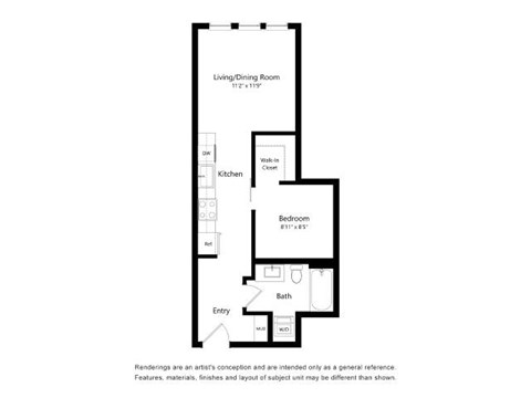 A floor plan of a small apartment with a kitchen, bathroom, and bedroom.