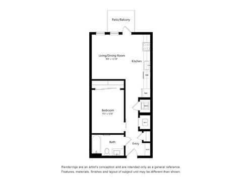 A floor plan of a home with a living room, dining room, kitchen, bedroom, and bathroom.