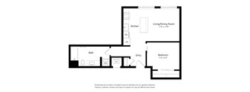 A black and white image of a floor plan for a home with a living/dining room, kitchen, bath, entry, and bedroom.