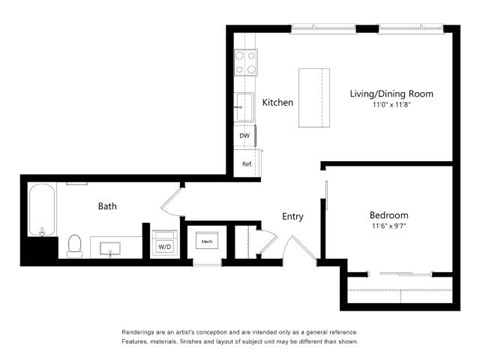 A black and white image of a floor plan for a home with a living/dining room, kitchen, bath, entry, and bedroom.
