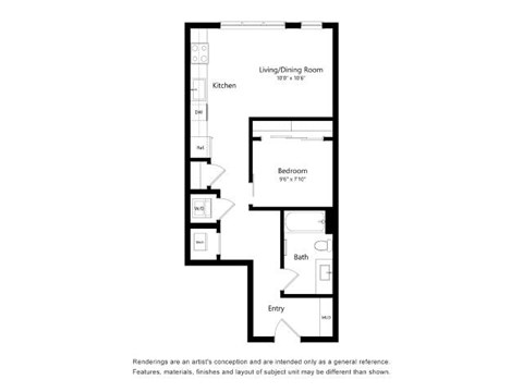A black and white floor plan of a small apartment.