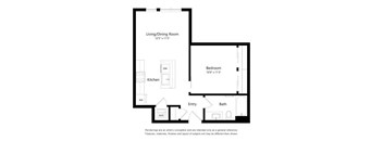 A floor plan of a small apartment with a living room, kitchen, bedroom, bathroom and entry.