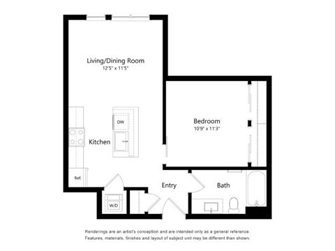 A floor plan of a small apartment with a living room, kitchen, bedroom, bathroom and entry.