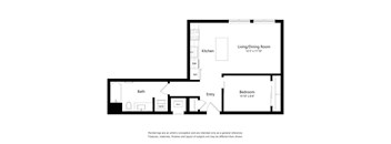 A black and white image of a floor plan for a home with a living/dining room, kitchen, bath, and bedroom.