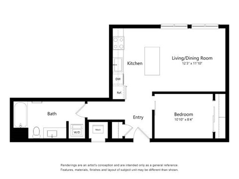 A black and white image of a floor plan for a home with a living/dining room, kitchen, bath, and bedroom.